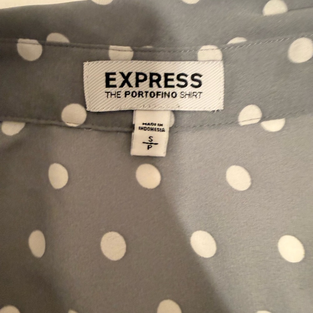 Express Portofino Shirt Small Gray White Polka Dot Button Front Blouse - Picture 7 of 9